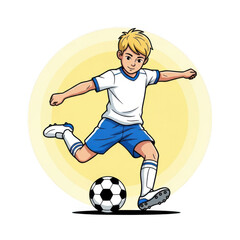 Young boy kicking a soccer ball with determination