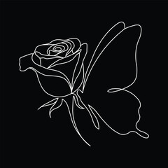 Elegant white line art of a rose with butterfly wings on black background