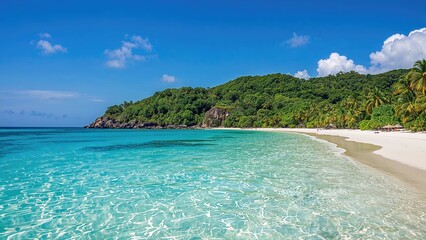Tropical beach with clear turquoise water, white sand, lush green hills, and a blue sky with clouds.