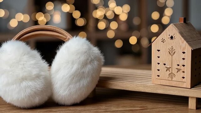 Cozy winter decorations with fluffy ear muffs and warm ambiance in a softly lit room