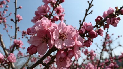 Fototapeta premium Pink blossoms on tree branches against a blue sky.
