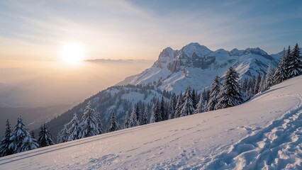 Snow-covered mountains and pine trees at sunrise with a snowy slope, capturing winter landscape and mountain scenery.