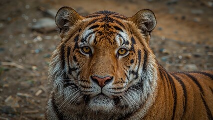 Fototapeta premium A tiger with striking orange and black stripes staring directly at the camera in a natural outdoor setting.