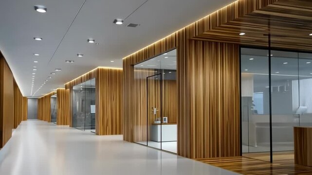 Modern office design showcase with elegant wood accents and bright lighting in a spacious environment