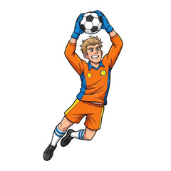 Excited goalkeeper catches soccer ball mid air in orange uniform