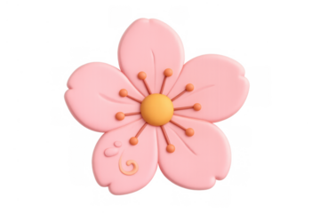 Pink cherry blossom flower icon with five petals and stamens, kawaii style 3d render on transparent background