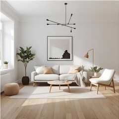 Cozy and inviting contemporary living room with a modern chandelier, comfortable sofa, and natural light streaming in through large windows, creating a serene atmosphere