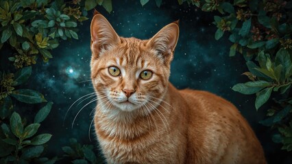 A close-up of an orange tabby cat surrounded by green foliage with a starry night sky in the background.