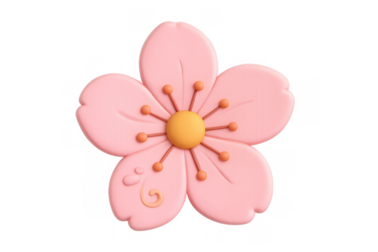 Pink cherry blossom flower icon with five petals and stamens, kawaii style 3d render on transparent background - Powered by Adobe