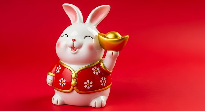 A cute rabbit figurine holding a gold ingot for chinese new year