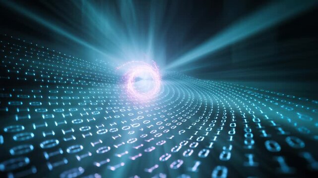 neon binary tunnel with swirling vortex glowing data points and motion blur suggesting rapid ai transfer across cyber network and metaverse gateway futuristic