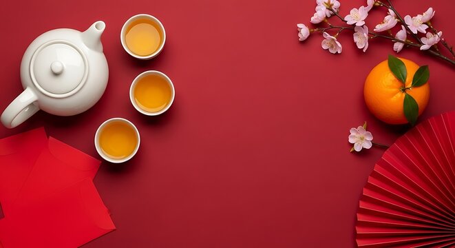 Overhead shot of chinese new year decorations on a red background