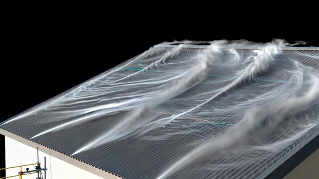 Medium shot of dynamic wind uplift testing showing airflow simulation over a roof surface capturing realtime response of materials under fluctuating wind pressures.