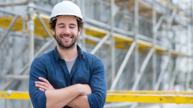 Confident Construction: A skilled construction worker, adorned with a safety helmet, emanates quiet confidence, his arms folded with a contented smile against the backdrop of a construction project.