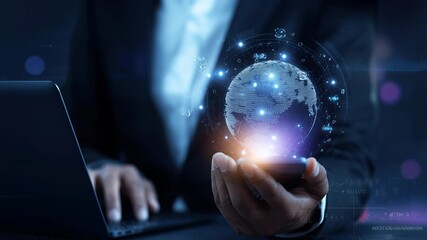 black businessman holds smartphone projecting globe, glowing holographic data nodes surround palm, blurred laptop background, cool blue tone, network icons - Powered by Adobe