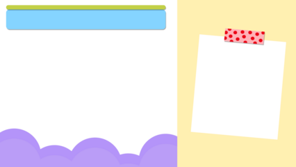 Split screen design template. Left side: Purple abstract clouds at the bottom with a light blue and green banner header. Right side: Soft yellow background with an angled sticky note secured by tape