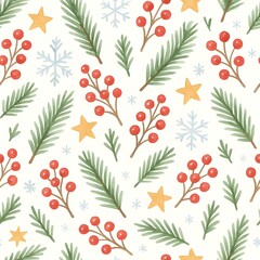 Seamless Christmas pattern with fir sprigs, red berries, golden stars, and light snowflakes on cream background; cozy winter festive repeat for wrapping paper and textiles.