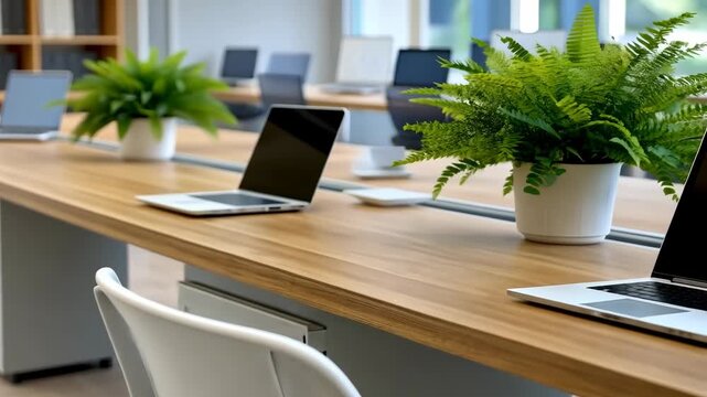 Modern workspace showcasing laptops and plants in a stylish office environment with natural light and minimalist design elements