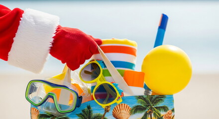 Naklejka premium Santa hand holding beach bag with flip flops and other vacation items on a sandy beach by the ocean. Christmas holiday or summer travel concept.