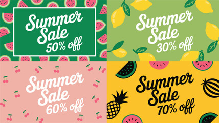 Summer Sale Announcement With Fruit Patterns And Discount Percentages Keywords: summer sale, discount, promotion, offer, advertisement, shopping, retail, seasonal, summer