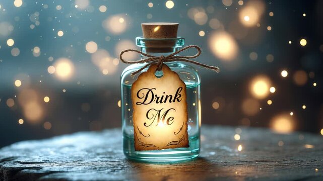 A whimsical glass bottle filled with glowing liquid, adorned with a vintage tag reading "Drink Me." The scene is set on a rustic wooden surface with enchanting golden bokeh lights in the background.