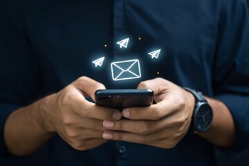Hands holding a smartphone, with glowing email and flying message icons, representing instant digital communication, global connectivity, and essential online interaction