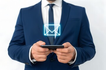 Businessman in a suit holding a smartphone with a glowing email icon, symbolizing digital communication and connectivity