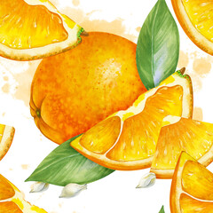 Seamless pattern with painted orange, lobule, green leaves and seeds on an isolated background. Watercolor illustration of juicy fruits on the background of a watercolor stain. A botanical template