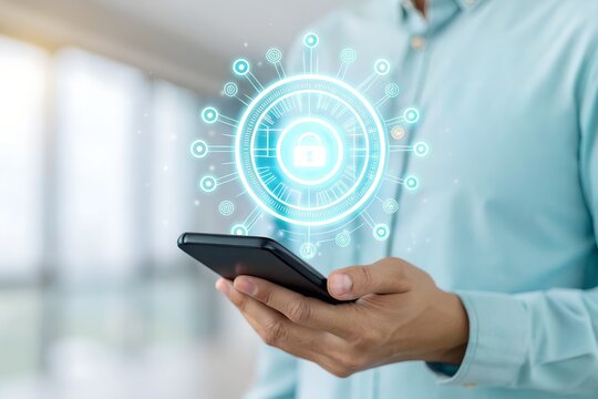 Mobile device security and digital data protection concept. A person holds a smartphone with a glowing padlock icon, symbolizing online privacy, secure access, and cyber defense technology