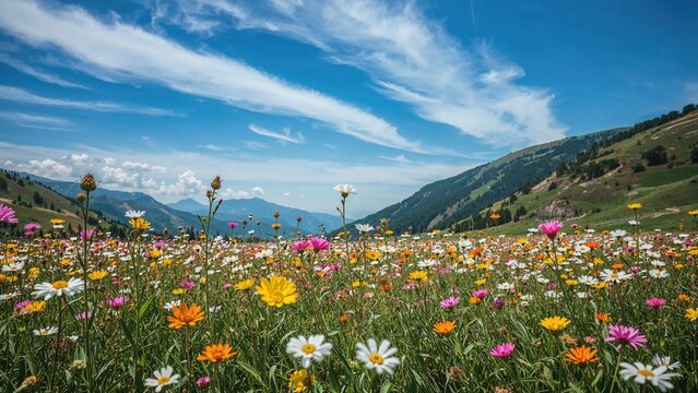 Vivid meadow of wildflowers with colorful blooms overlooking mountains under a bright blue sky. Natural landscape scenery with lush greenery and vibrant floral display. - Powered by Adobe