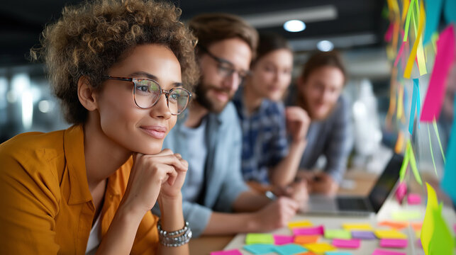 Startup office shoot, founders at whiteboard, sticky notes and laptops, creative hustle, with copy space