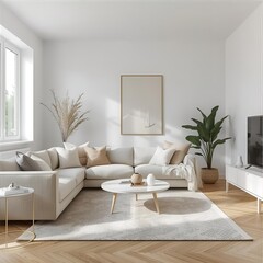 Scandinavian style interior design featuring a cozy sectional sofa in a spacious, light-filled living room with neutral tones and natural decor