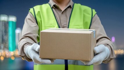 Delivery Service: A dedicated delivery person, clad in a safety vest and gloves, presents a package, symbolizing efficient and reliable shipping solutions.