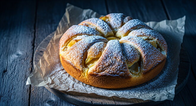 Delicious, homemade apple pie with golden crust, surrounded by fresh apples and cinnamon stick. Traditional autumn dessert for Thanksgiving. - Powered by Adobe