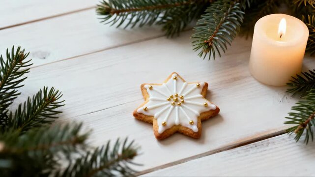 Star-shaped gingerbread cookie on wooden table with candle and pine  