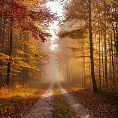 Autumn Forest Path Covered in Colorful Leaves
