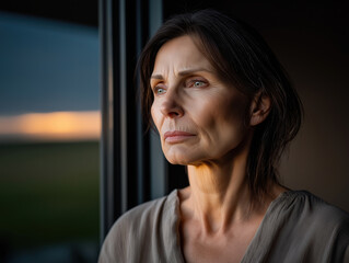 Woman gazing thoughtfully out of a window during sunset