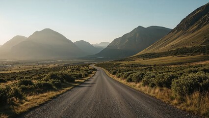 A dirt road stretching through a valley with mountains in the background during sunset. Landscape and travel concept. Nature and outdoor adventure.