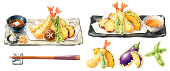 天ぷらのセットイラスト（海老・野菜盛り合わせ）,和食,揚げ物,定食,天つゆ,水彩,リアル