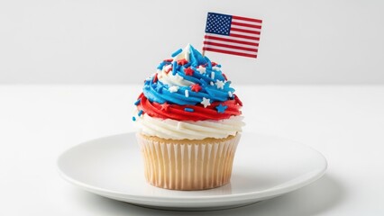 Festive cupcake with red, white, and blue frosting, decorated with star sprinkles and a small american flag, presented on a white plate against a clean, bright background, perfect for celebrations.