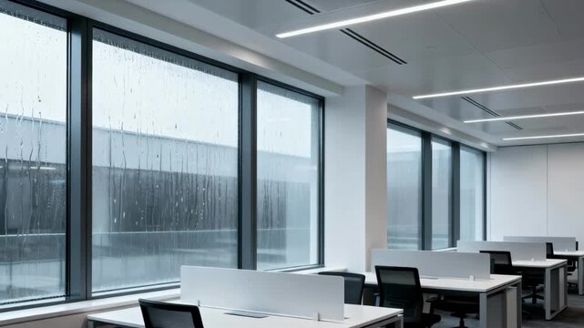 Medium shot of openplan workspace with large windows featuring selfcleaning rainwater shedding surfaces promoting maintenancefree transparency and light diffusion.