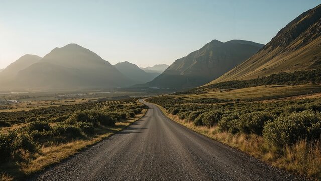 A dirt road stretching through a valley with mountains in the background during sunset. Landscape and travel concept. Nature and outdoor adventure. - Powered by Adobe