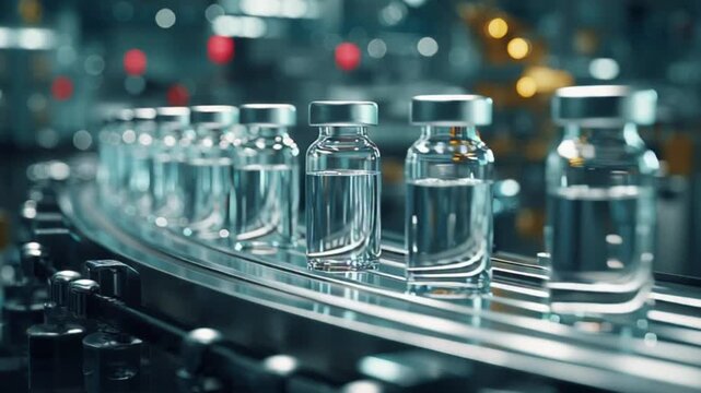 Pharmaceutical vaccine manufacturing line featuring sterile vials on conveyor in modern lab, demonstrating precision workflow, medical safety, and cutting-edge biotech innovation.