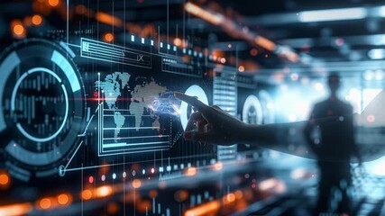Silhouette executive interacting with holographic dashboard, analyst gestures to glowing world map while operator reaches for circular control, ambient blue - Powered by Adobe