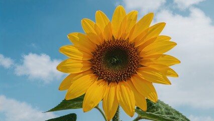Obraz premium Bright sunflower in full bloom with a blue sky and clouds in the background.