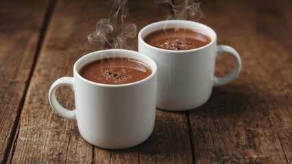 Fototapeta premium Two steaming cups of hot beverage on a wooden surface.