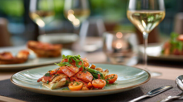 Hotel restaurant shoot, plated tasting menu and wine pairing, refined plating, candle ambience, with copy space