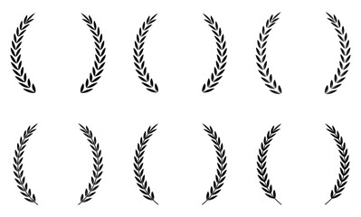 laurel wreath icon set, black laurel wreath from leaves . Set of black laurel wreath element for winner, award, champion. Tree branch wreath