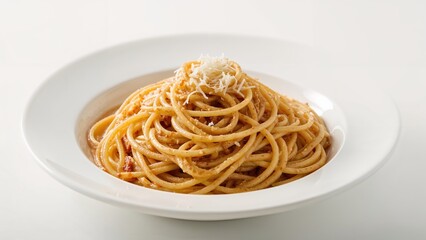 A plate of spaghetti pasta topped with grated cheese served on a white dish.