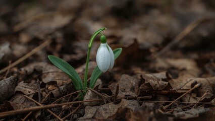 Fototapeta premium A snowdrop flower emerging from the soil among fallen leaves and twigs. Nature and springtime scene. Botanical and plant growth. The concept of renewal and natural beauty.